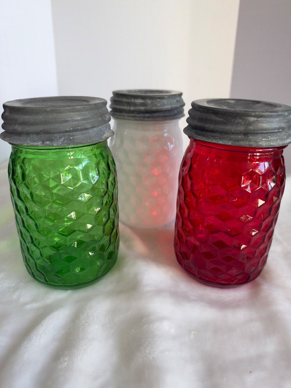 New Christmas Canning Jar Trio, Red, White Green Glass w/ Vintage Ball Jar Lids